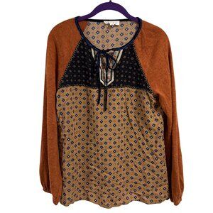 THML Mixed Media‎ Boho Embroidered Long Sleeve V-Neck Blouse Size M